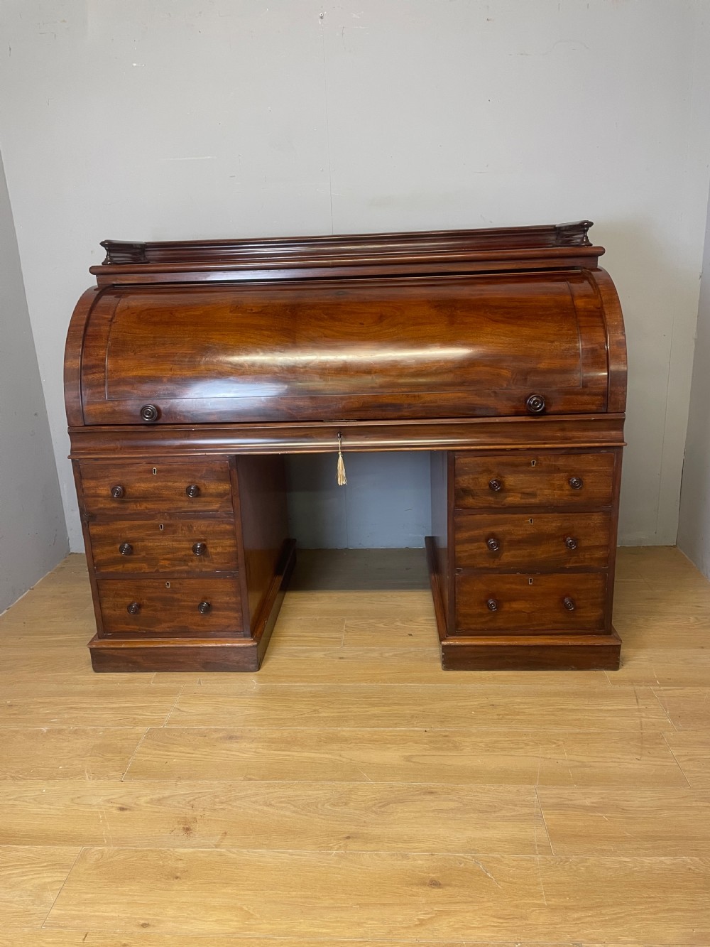 C19TH flame mahogany  twin pedestal three part cylinder desk  View II