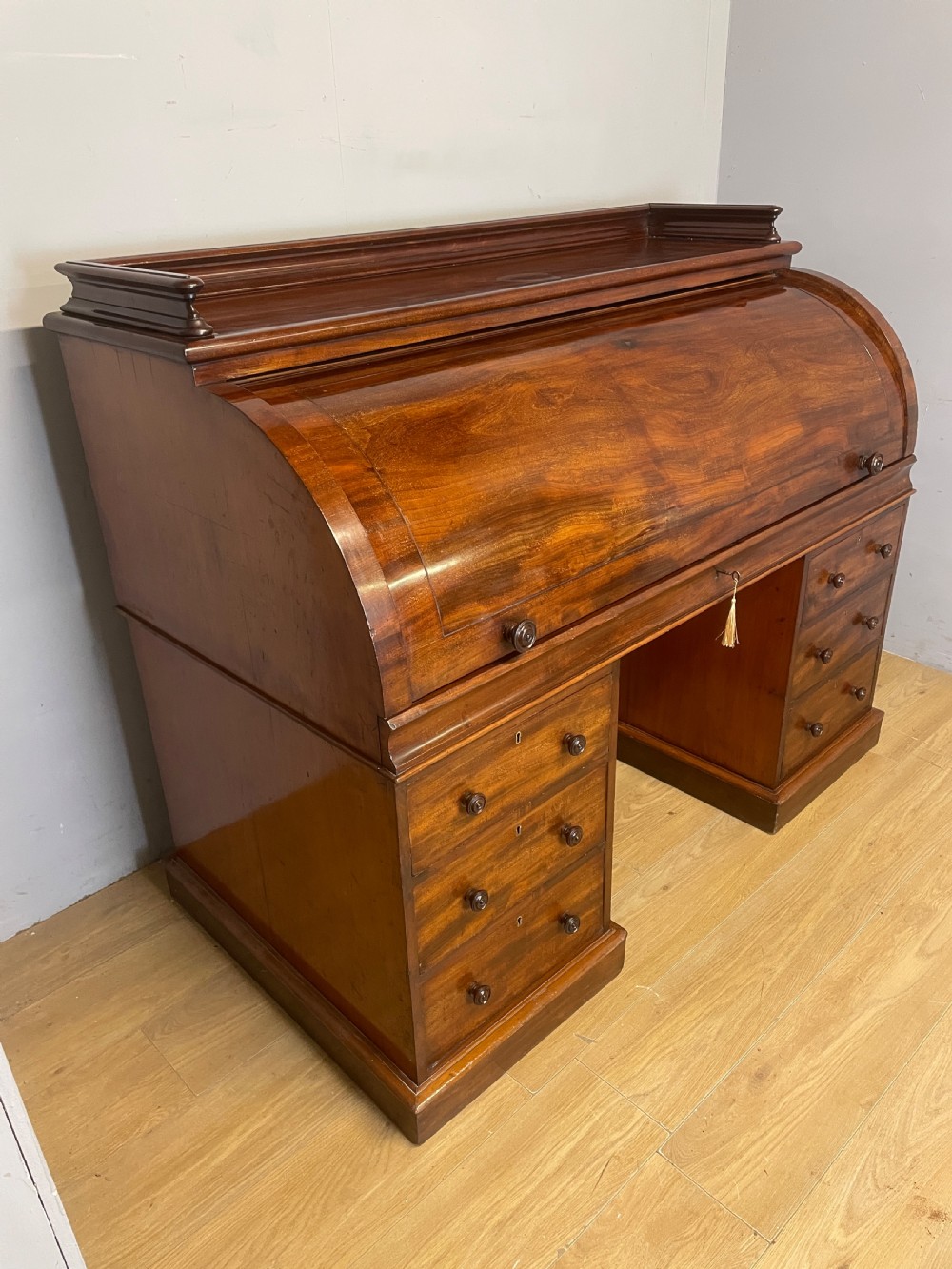 C19TH flame mahogany  twin pedestal three part cylinder desk  View III