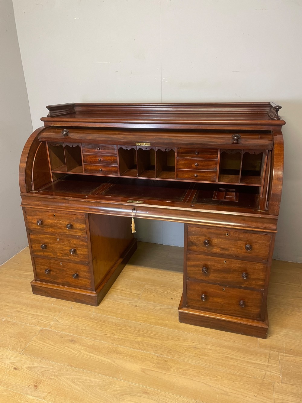 C19TH flame mahogany  twin pedestal three part cylinder desk  View IV