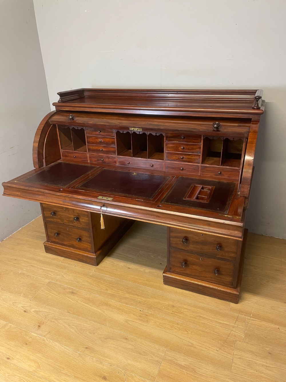 C19TH flame mahogany  twin pedestal three part cylinder desk  View V