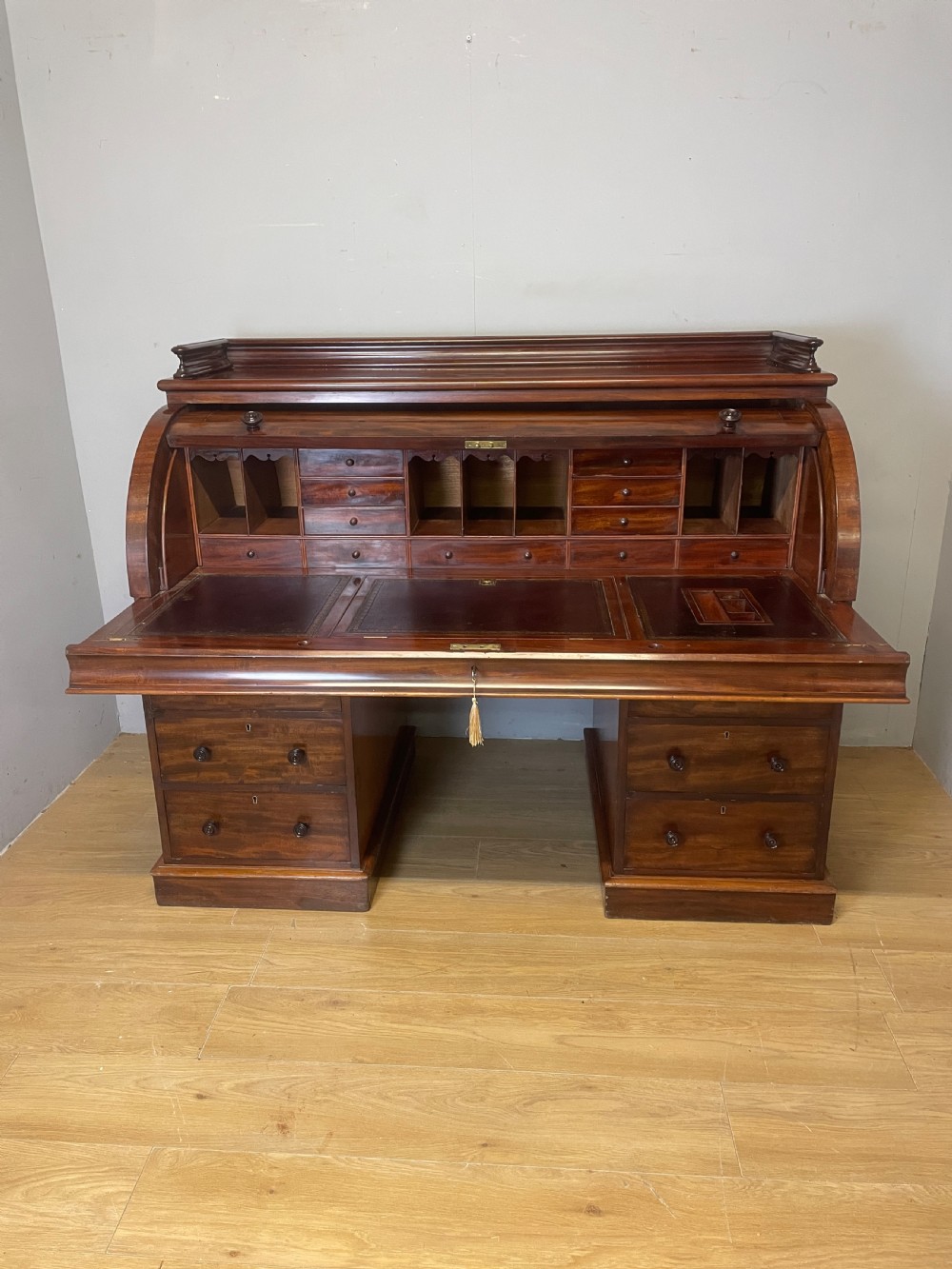 C19TH flame mahogany  twin pedestal three part cylinder desk  View VI