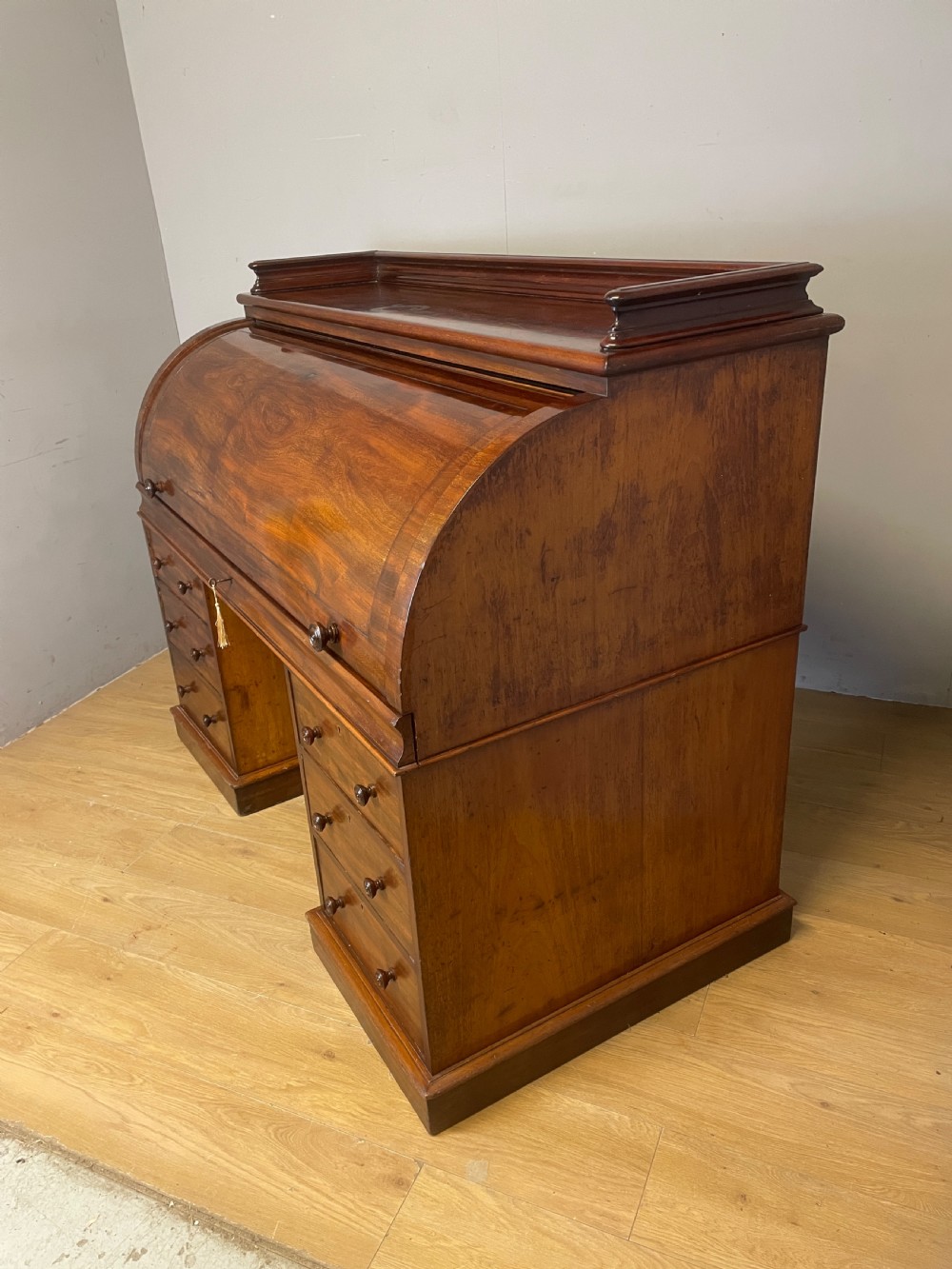 C19TH flame mahogany  twin pedestal three part cylinder desk  View XII
