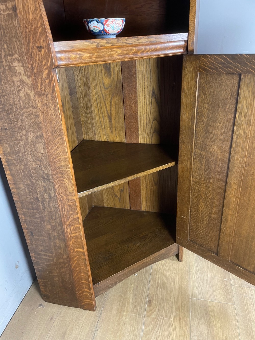 Liberty and Co Arts and crafts solid oak corner cabinet  View X