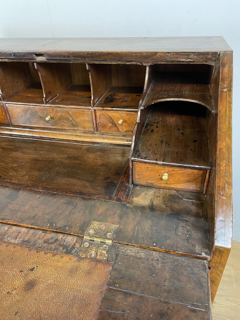 Early eighteenth century walnut bureau on original bun feet  View VII