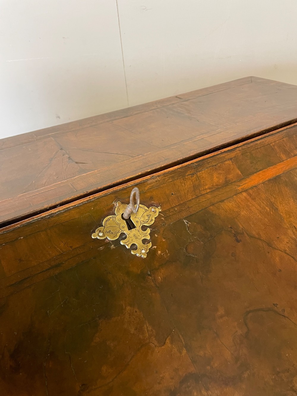 Early eighteenth century walnut bureau on original bun feet  View XV