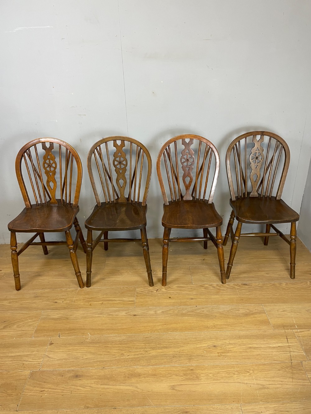 Set of 4 Edwardian elm and beech country wheel back chairs View III