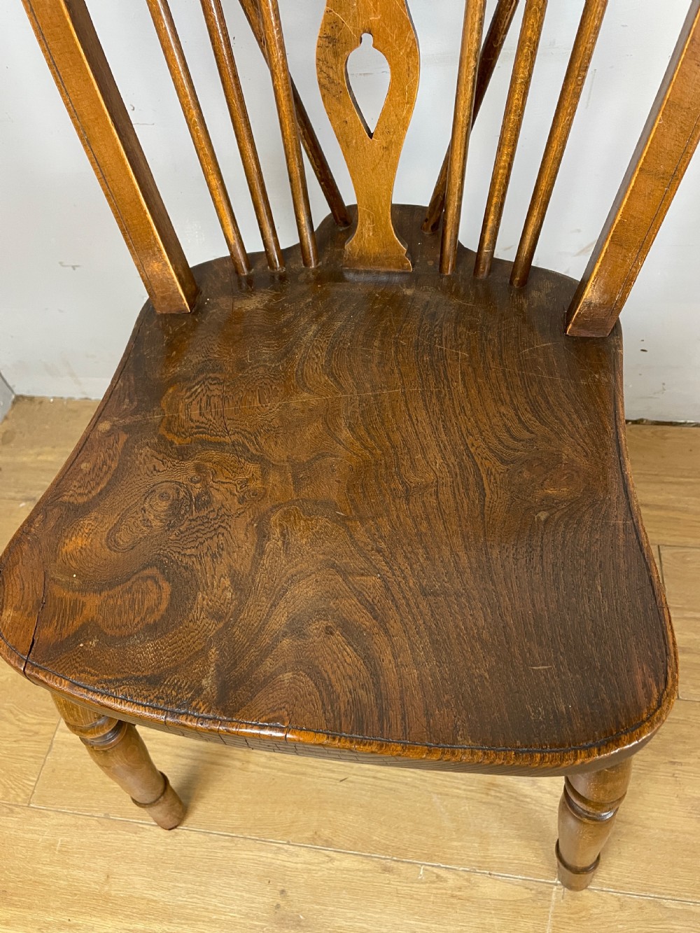Set of 4 Edwardian elm and beech country wheel back chairs View V