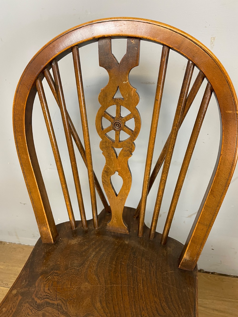 Set of 4 Edwardian elm and beech country wheel back chairs View VI