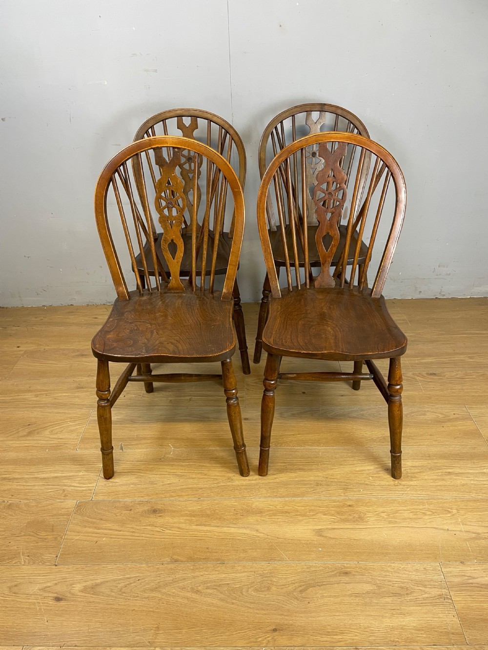 Set of 4 Edwardian elm and beech country wheel back chairs View IX