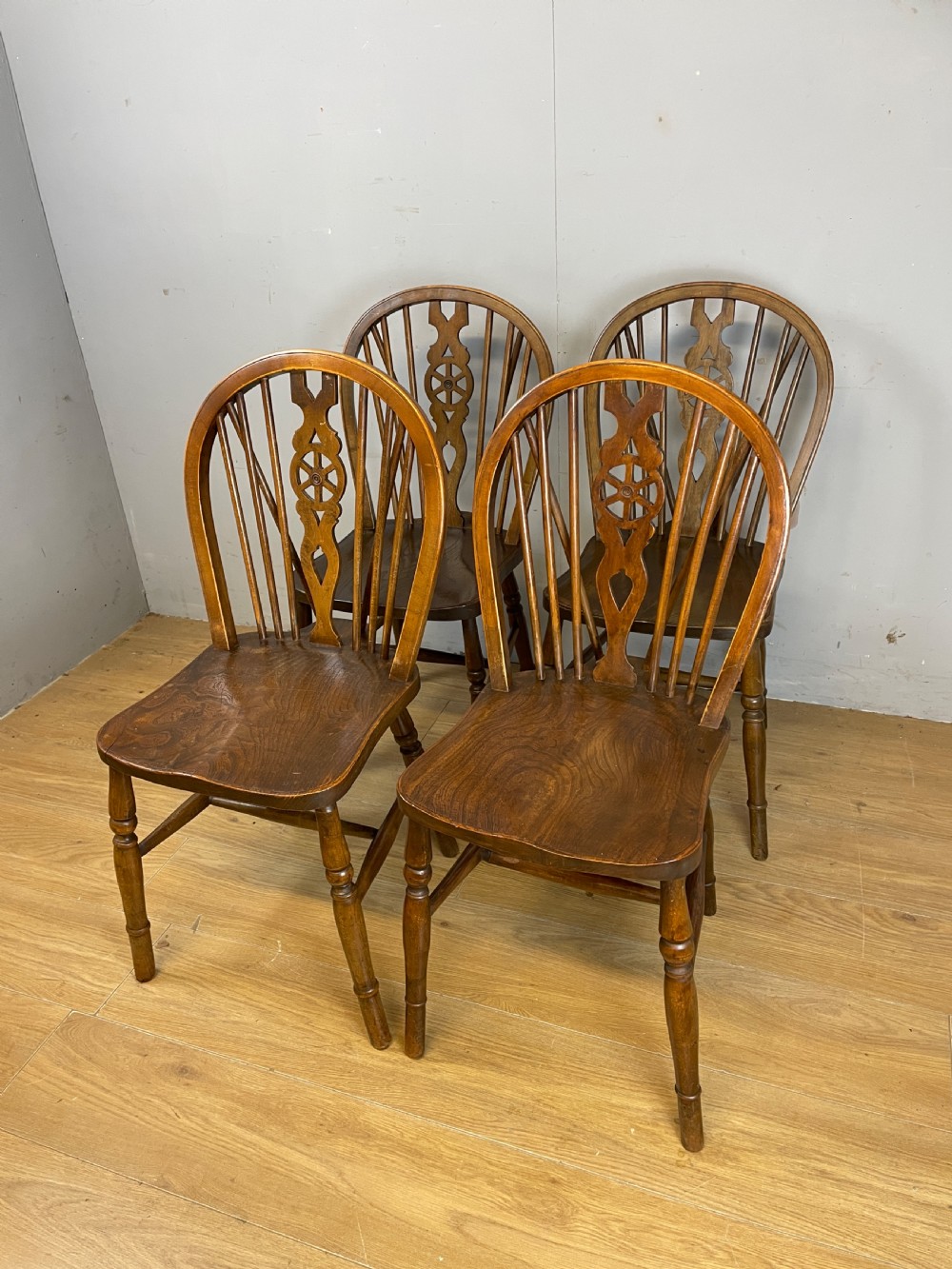 Set of 4 Edwardian elm and beech country wheel back chairs View X