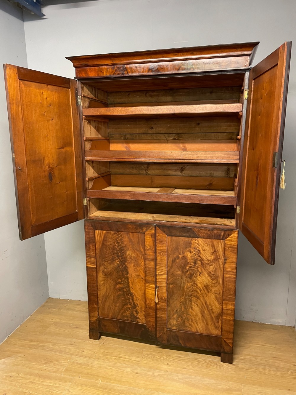 C19TH country house Biedermeier flame mahogany clothes press  View V