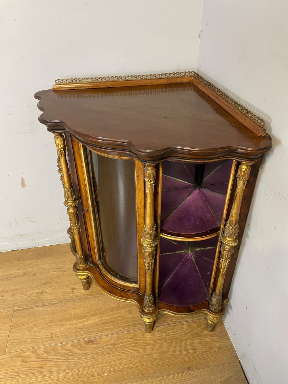 C19TH walnut and carved giltwood floor standing corner cabinet  View II