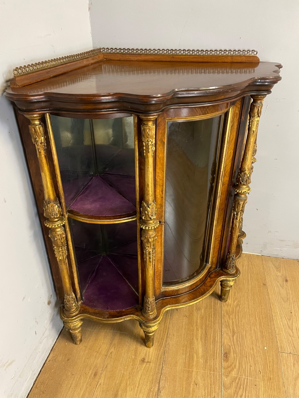 C19TH walnut and carved giltwood floor standing corner cabinet  View III