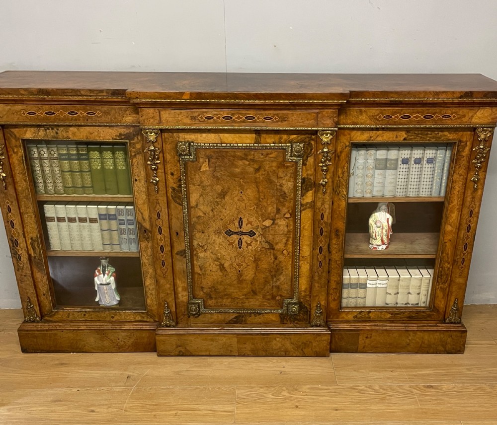 C19TH inlaid walnut ormolu mounted three door bookcase  View II