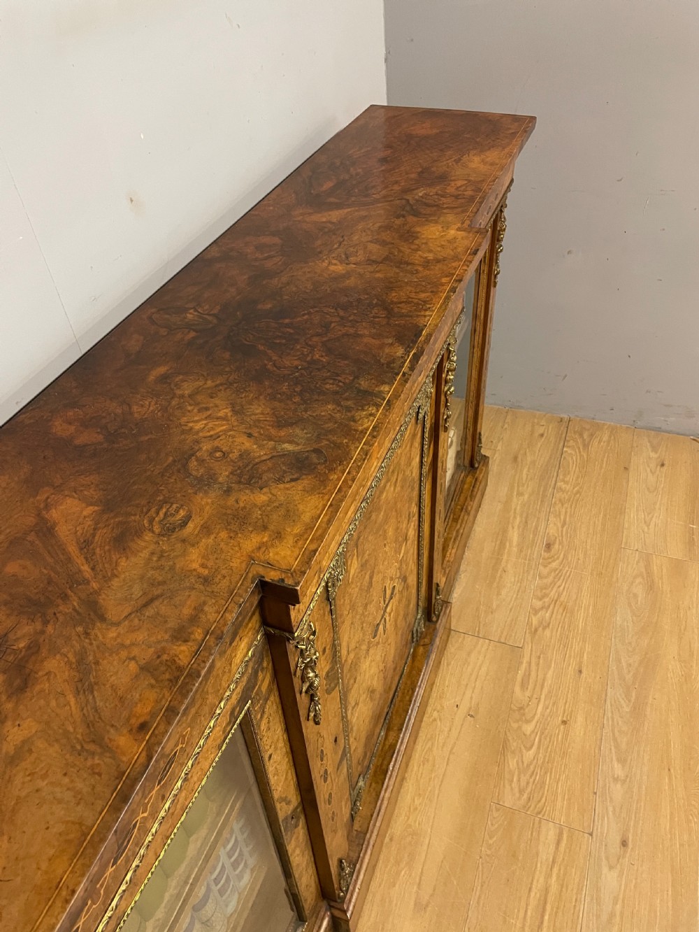 C19TH inlaid walnut ormolu mounted three door bookcase  View V