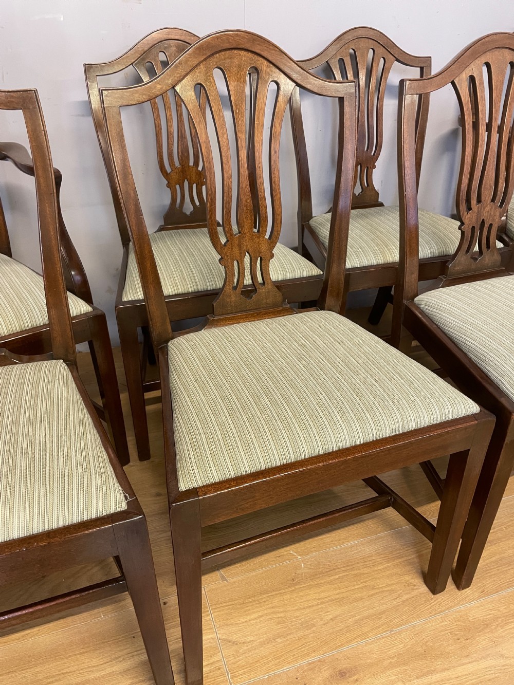 Set of 8 Edwardian mahogany Hepplewhite style dining chairs  View V
