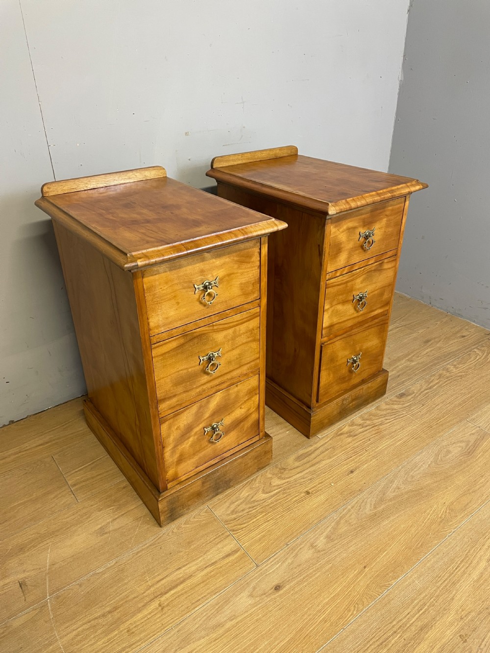 C19TH pair of satin birch bedside cabinets 