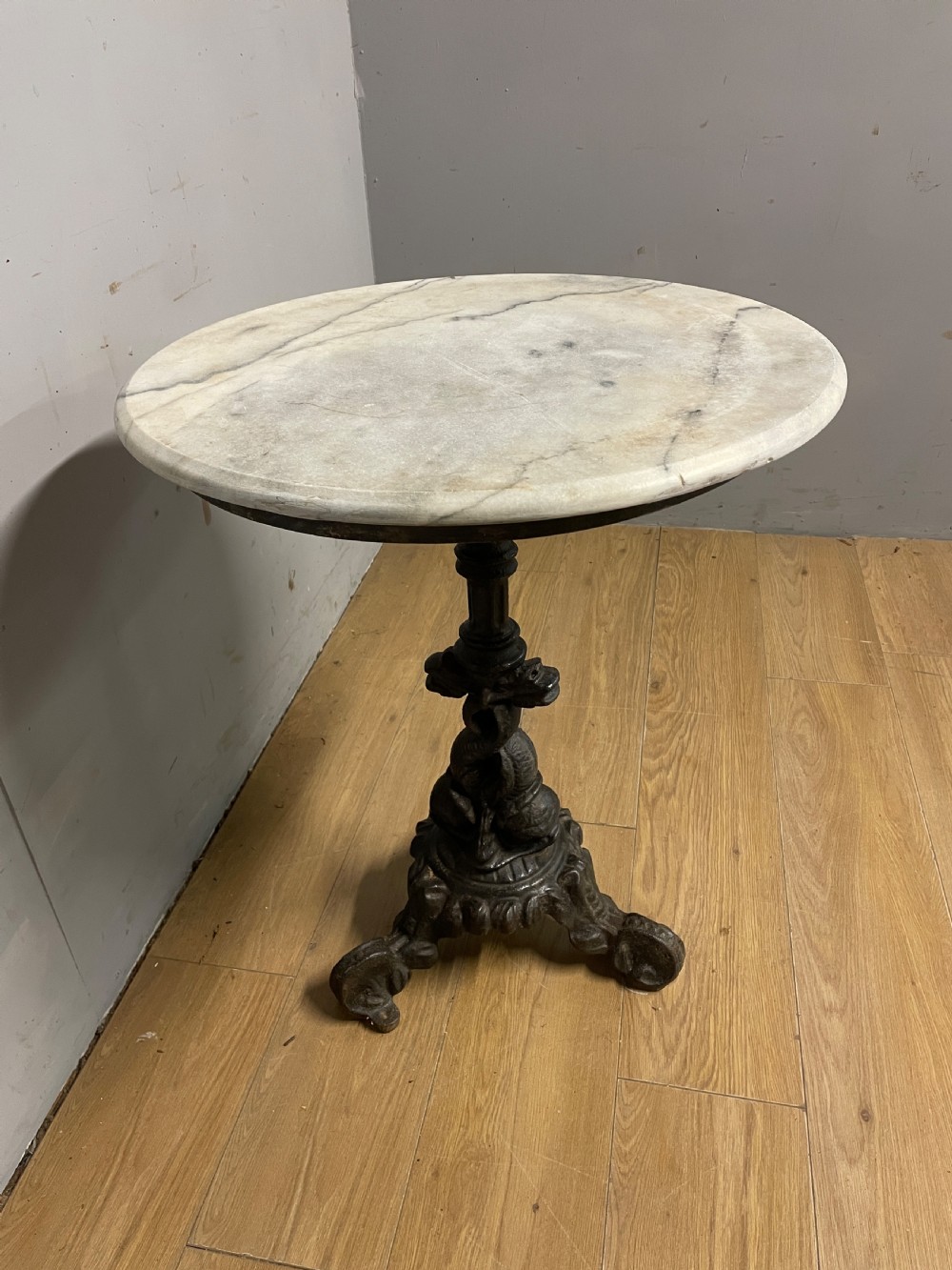 C19TH cast iron tripod table with white Carrara marble top  View IX