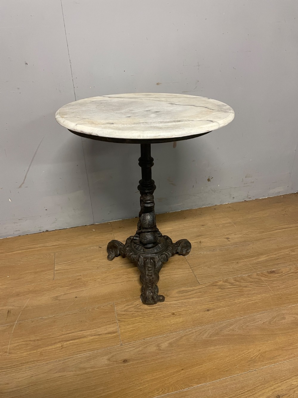 C19TH cast iron tripod table with white Carrara marble top  View X