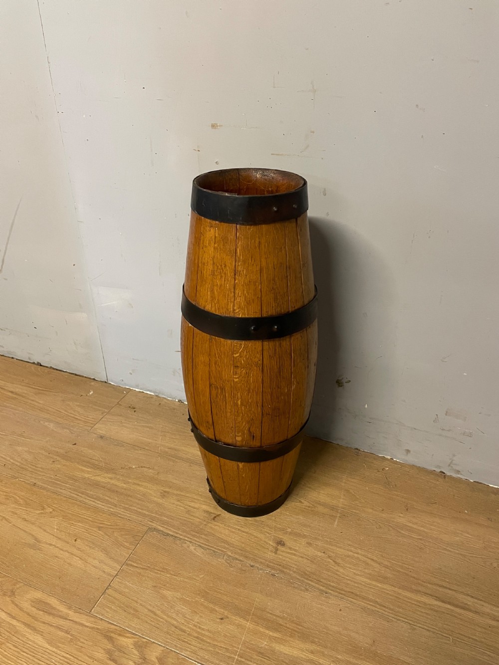 Edwardian oak coopered stick stand  View II