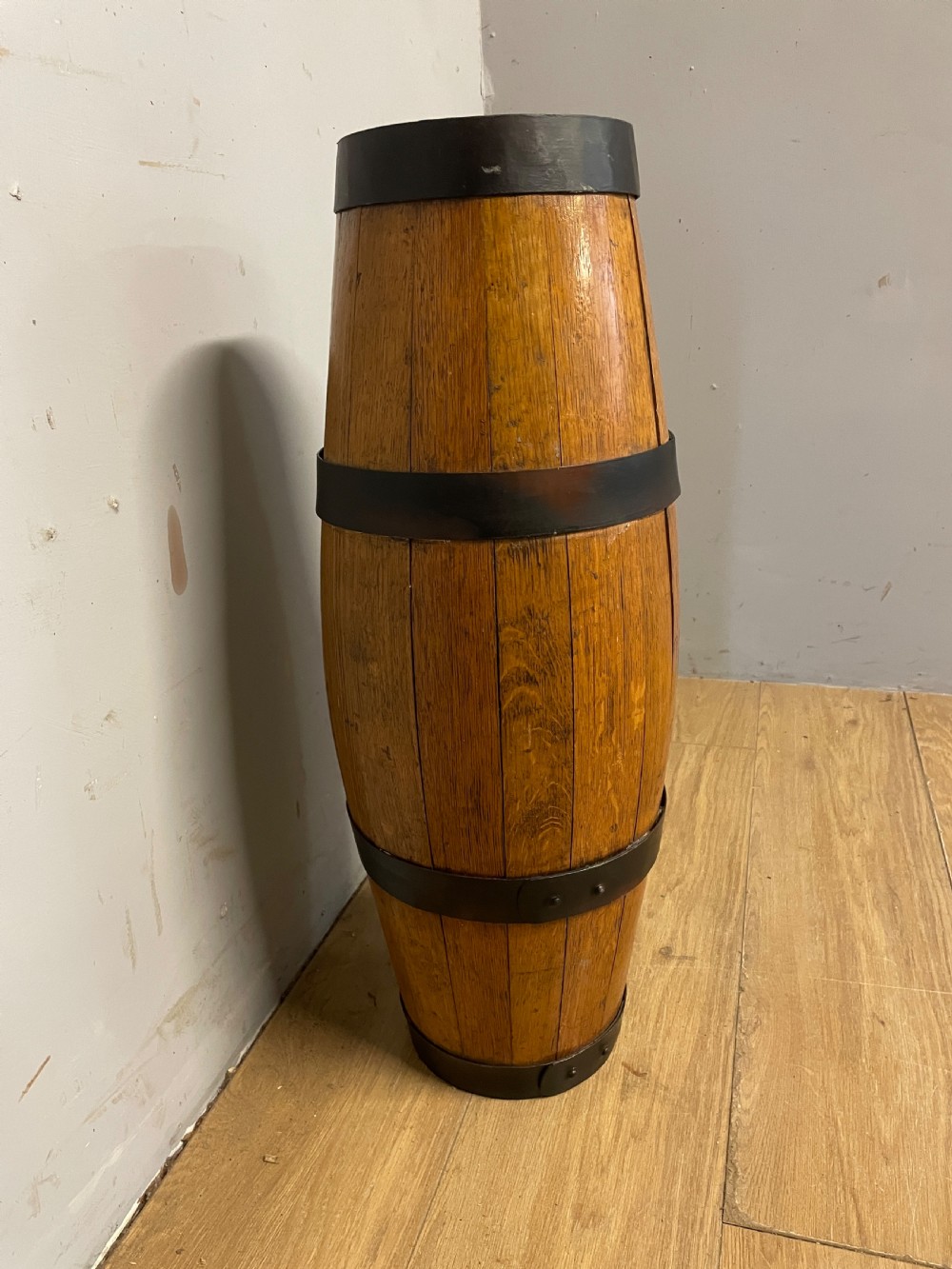 Edwardian oak coopered stick stand  View III