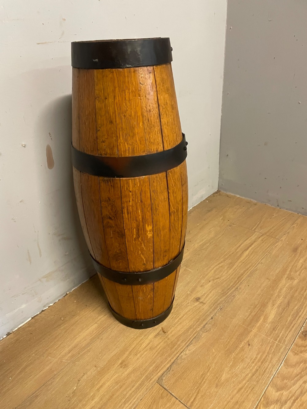 Edwardian oak coopered stick stand  View V