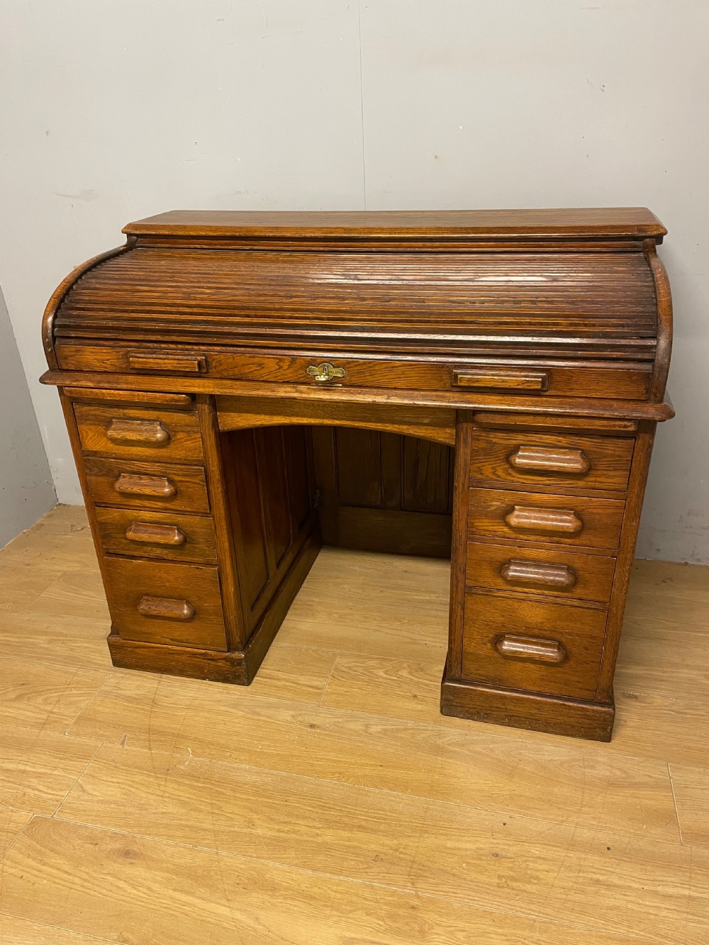 Edwardian golden oak roll top desk
