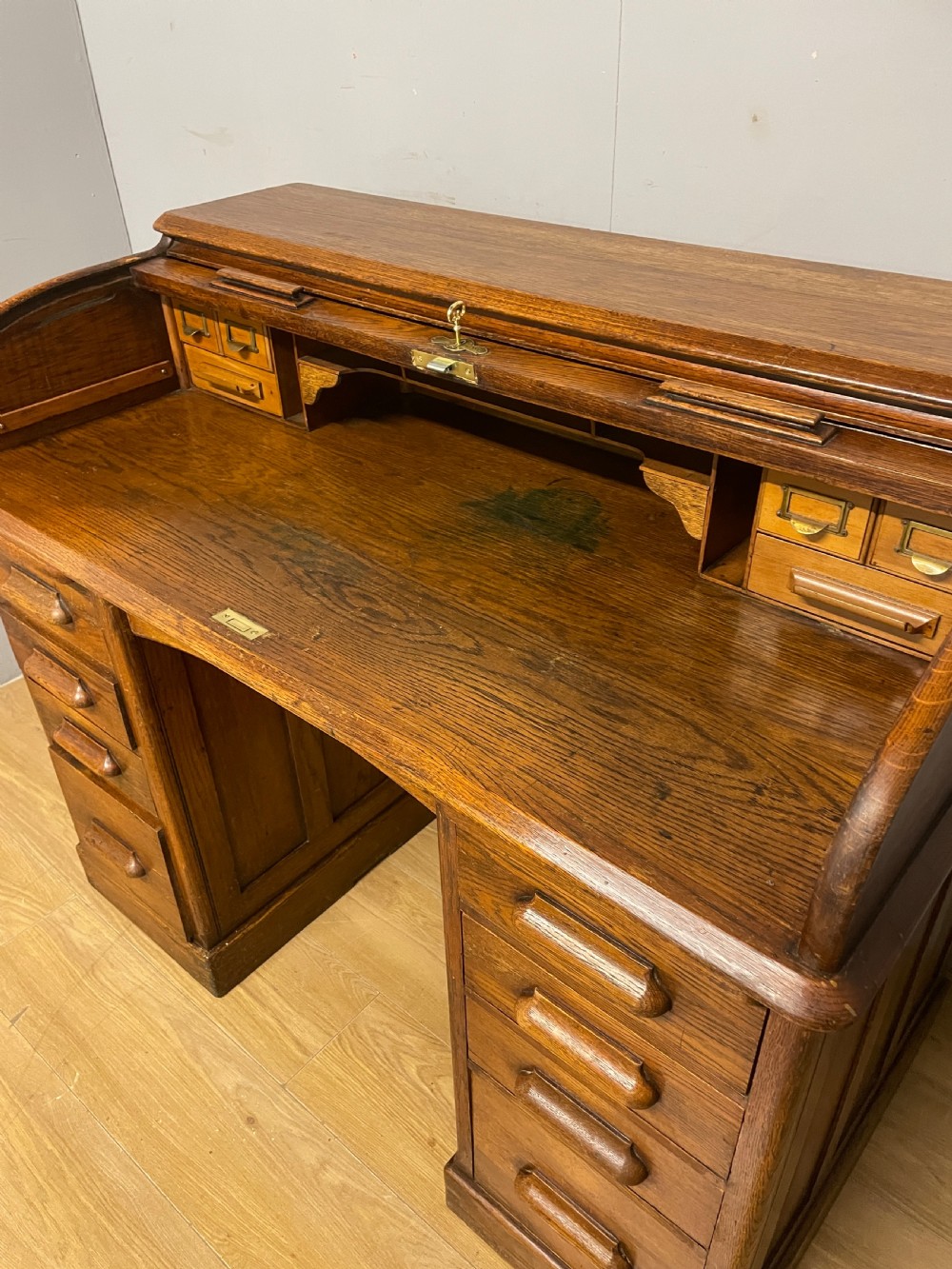 Edwardian golden oak roll top desk View V