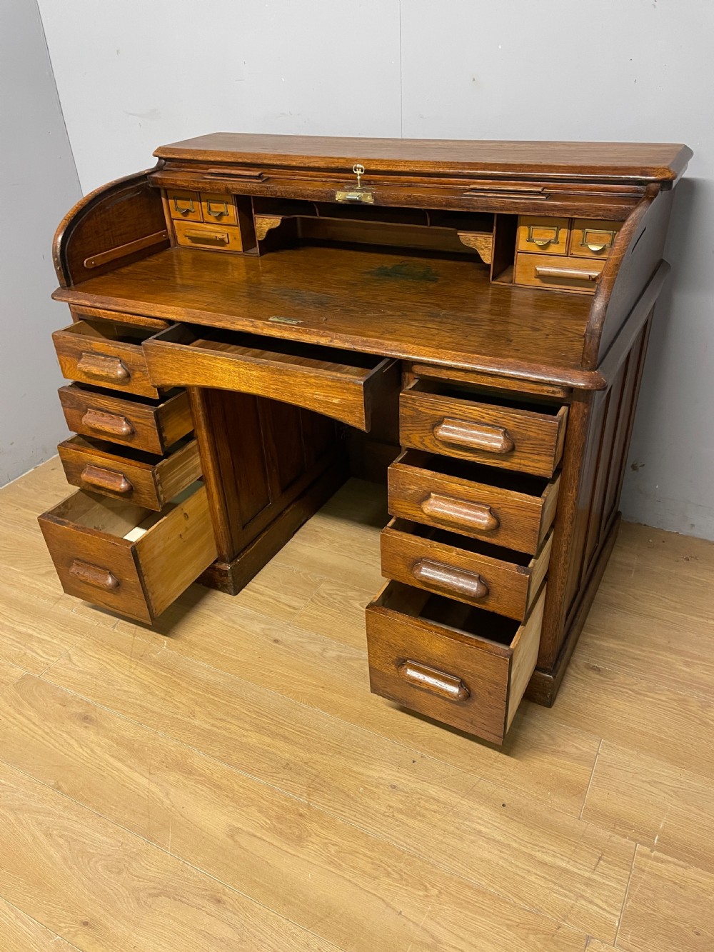 Edwardian golden oak roll top desk View X