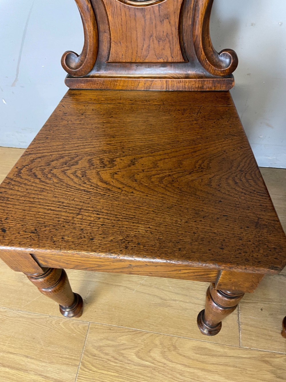 Pair of carved oak nineteenth century hall chairs  View VII