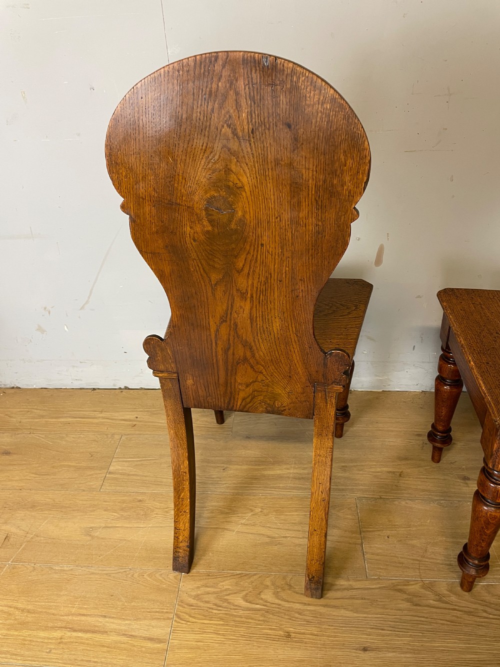 Pair of carved oak nineteenth century hall chairs  View IX