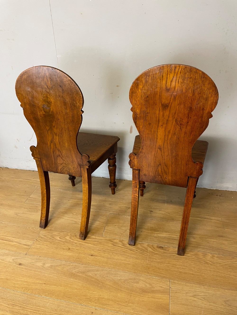 Pair of carved oak nineteenth century hall chairs  View X