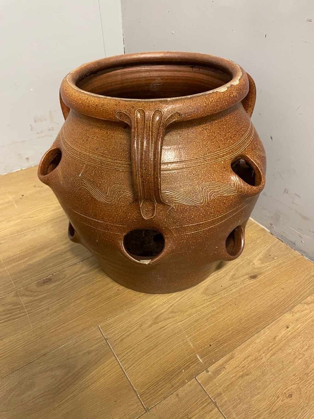 Large salt glazed strawberry pot circa 1920 View III