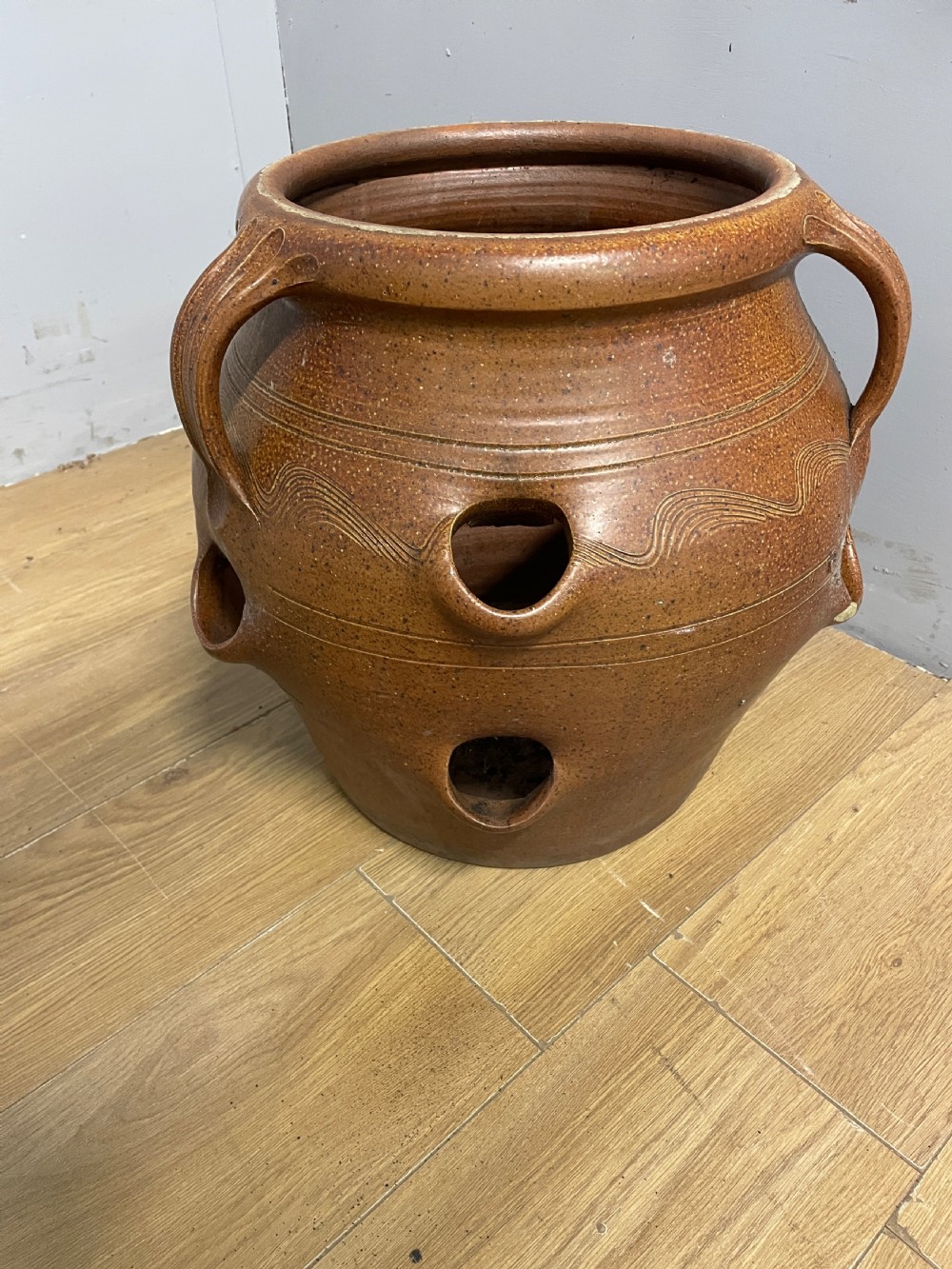 Large salt glazed strawberry pot circa 1920 View IV
