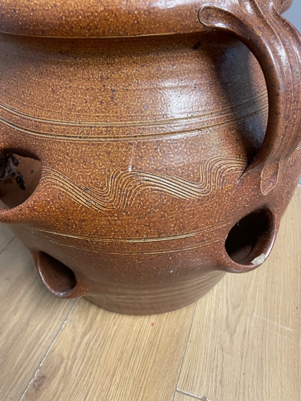 Large salt glazed strawberry pot circa 1920 View V