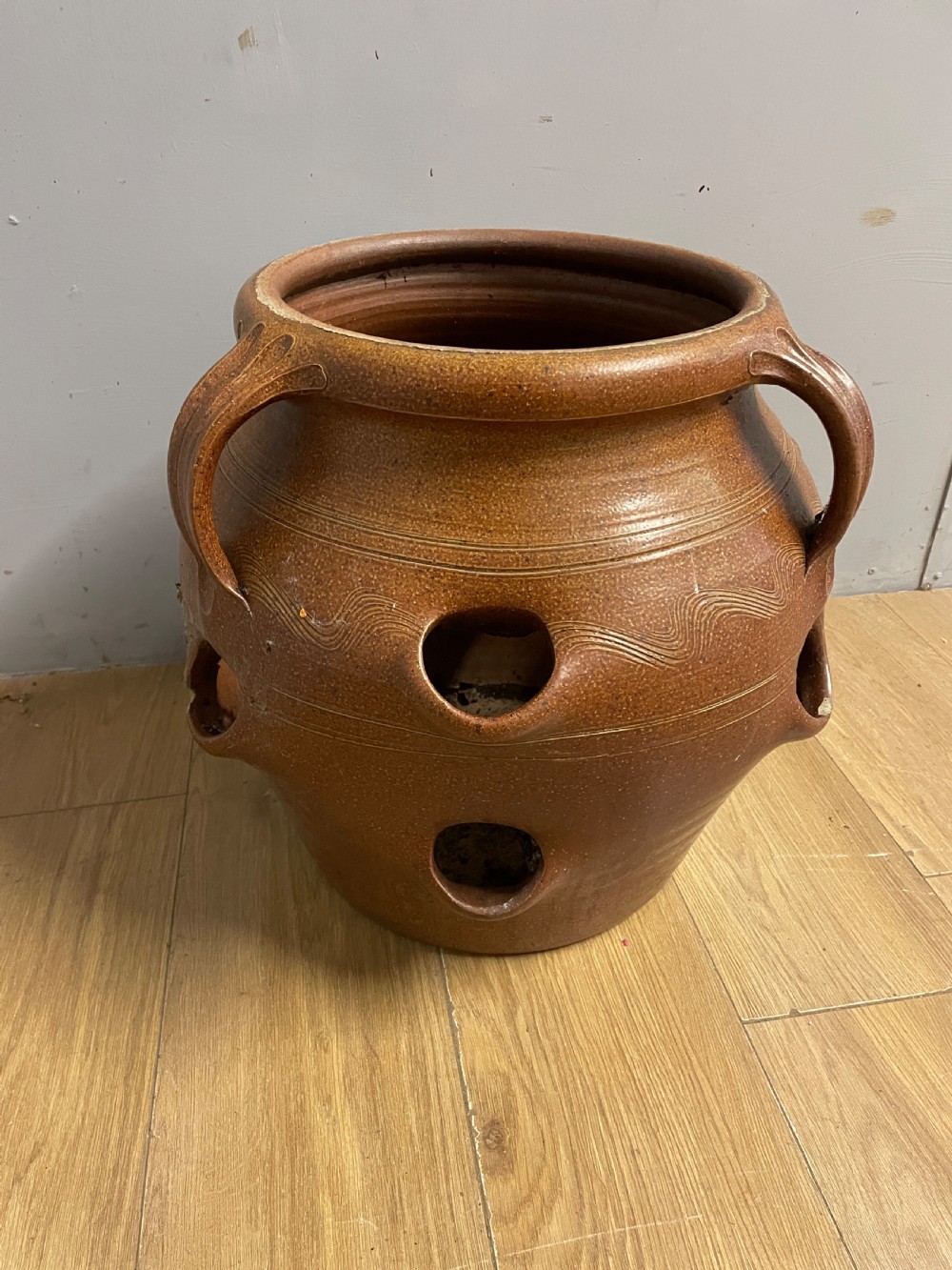 Large salt glazed strawberry pot circa 1920 View VI