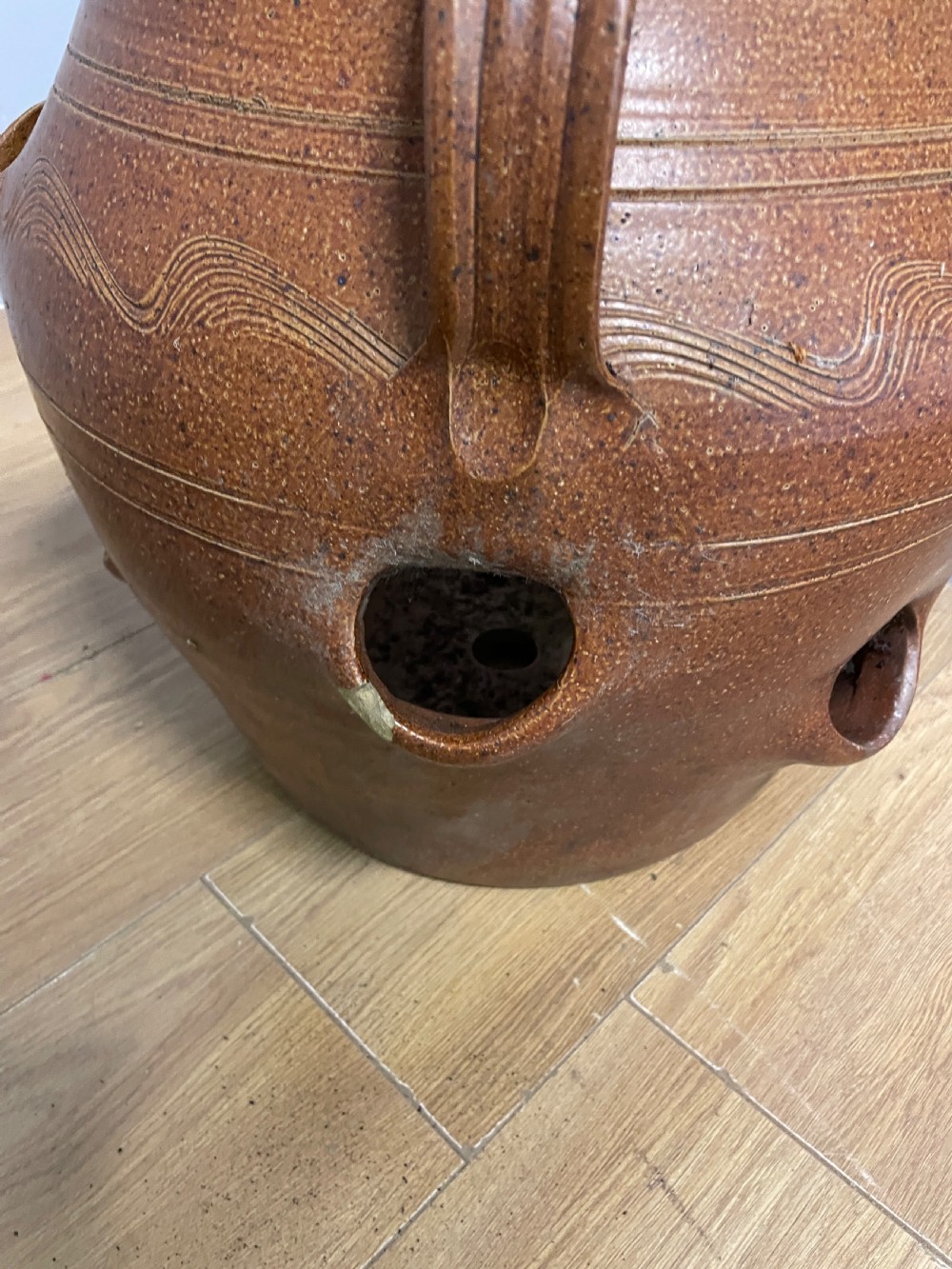 Large salt glazed strawberry pot circa 1920 View VII
