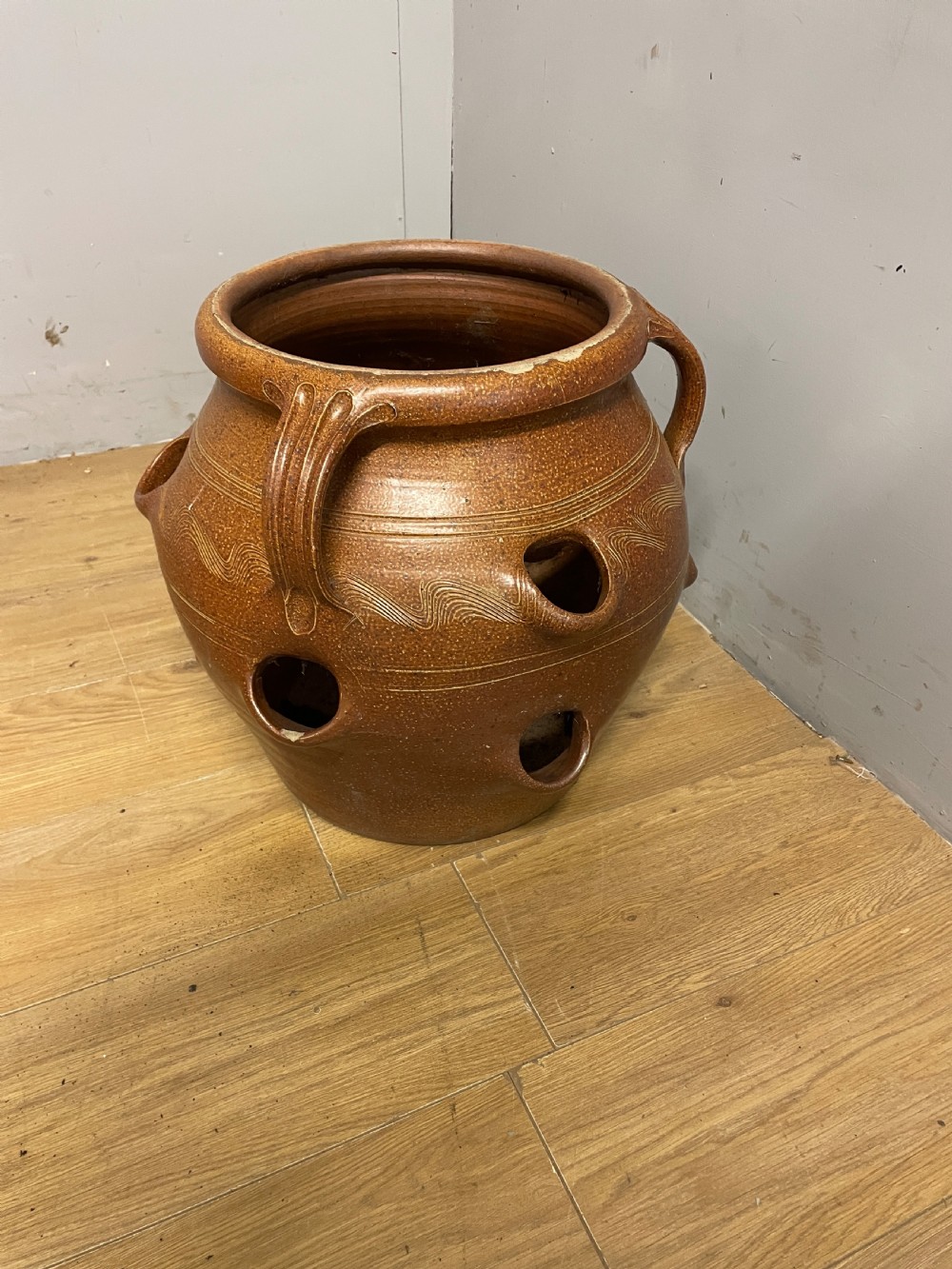 Large salt glazed strawberry pot circa 1920 View IX