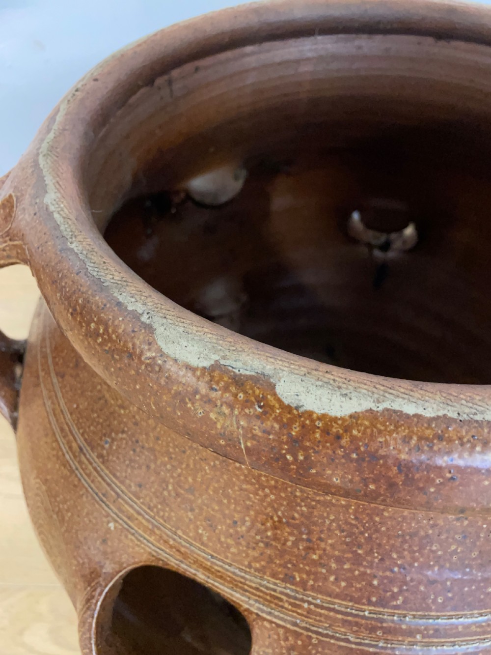 Large salt glazed strawberry pot circa 1920 View X