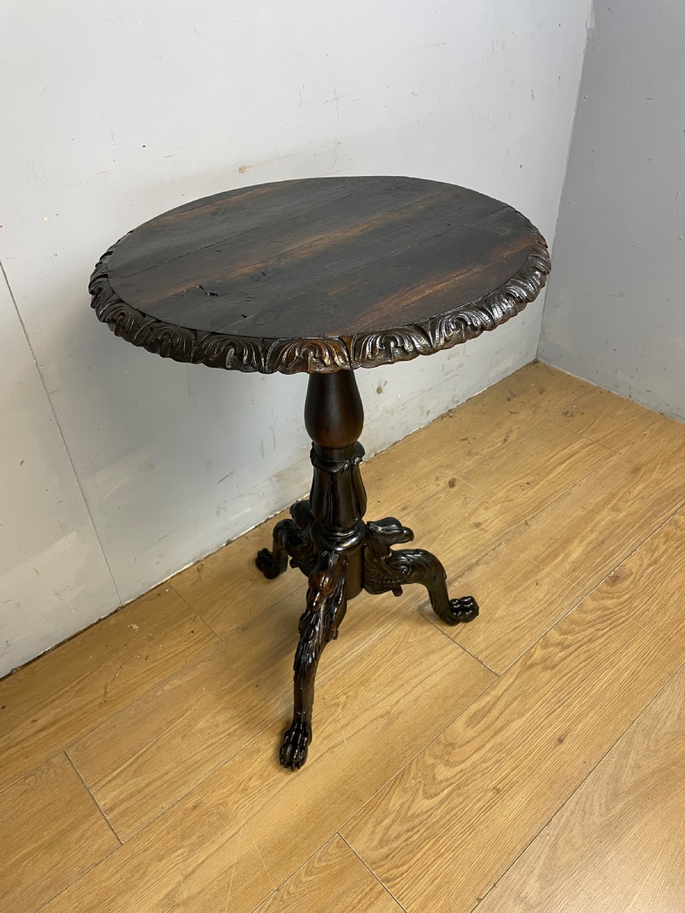Late C18th rare carved oak tripod table  View III