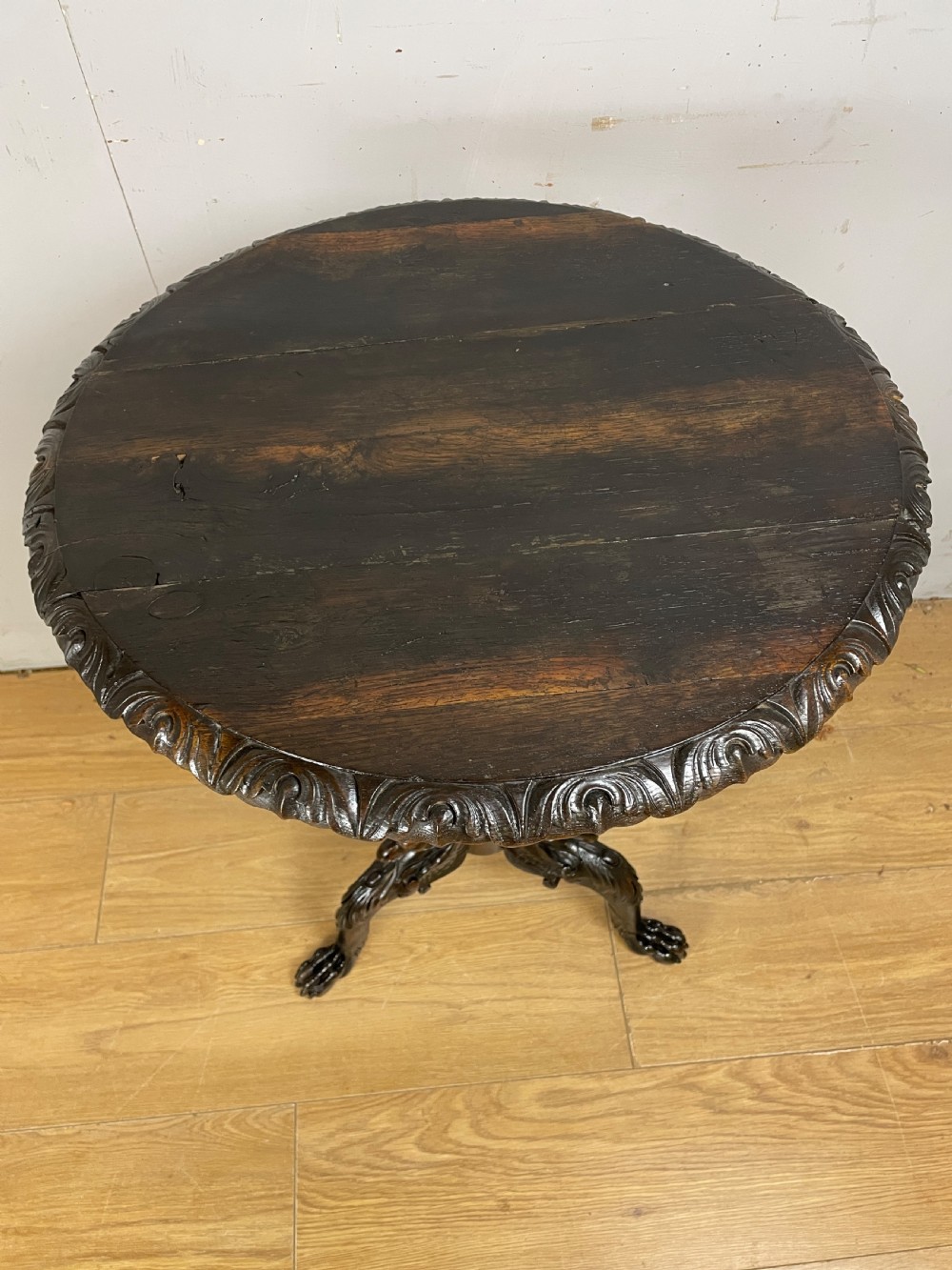 Late C18th rare carved oak tripod table  View IV