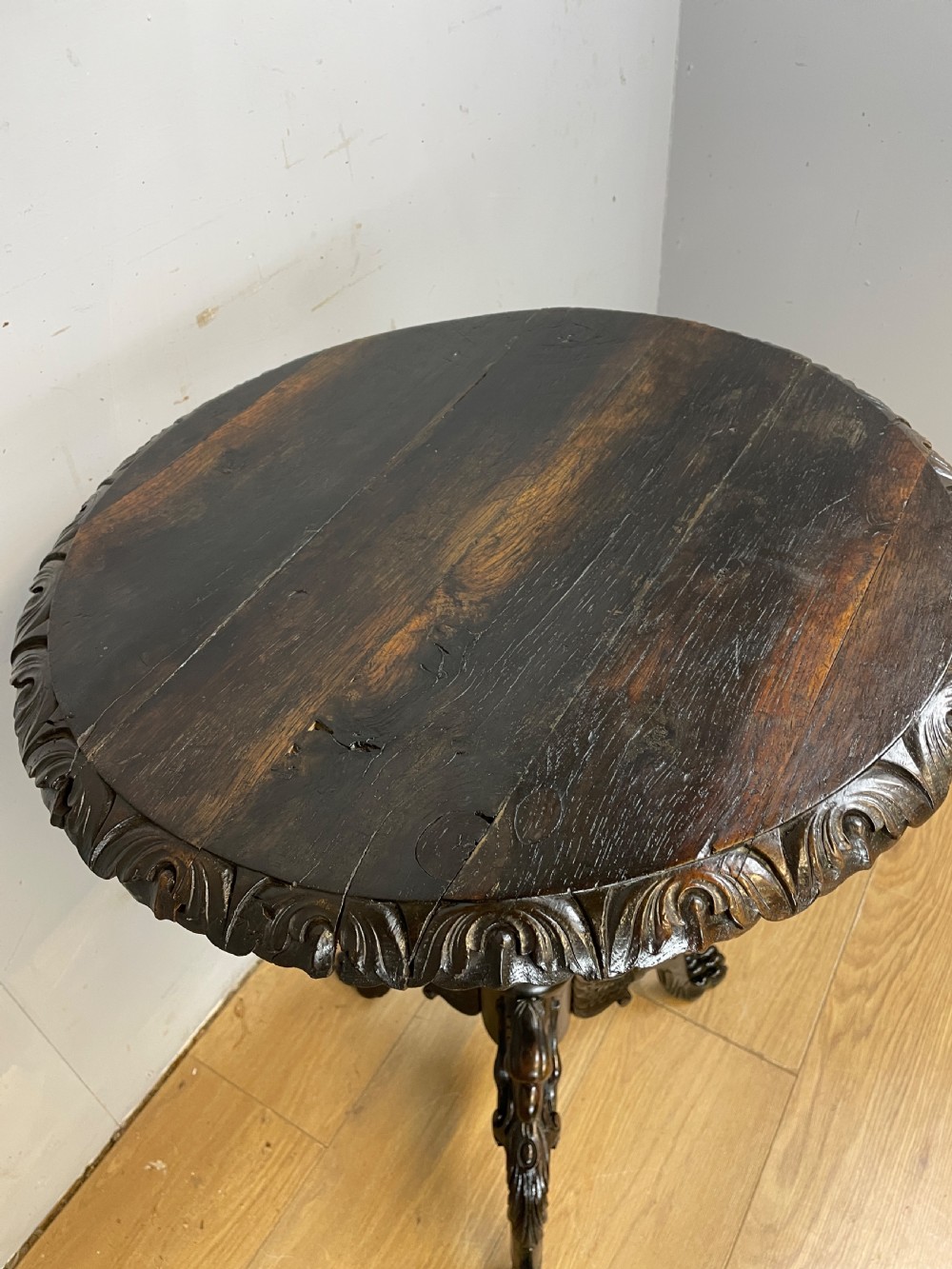 Late C18th rare carved oak tripod table  View V