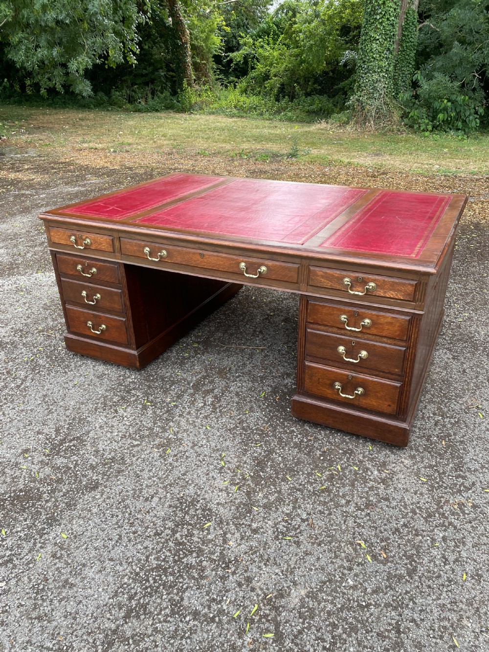 Late C19TH London made oak partners desk with inset red leather top  View II