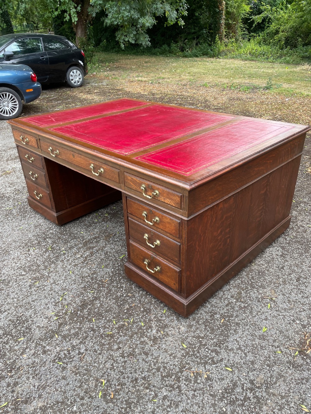 Late C19TH London made oak partners desk with inset red leather top  View III