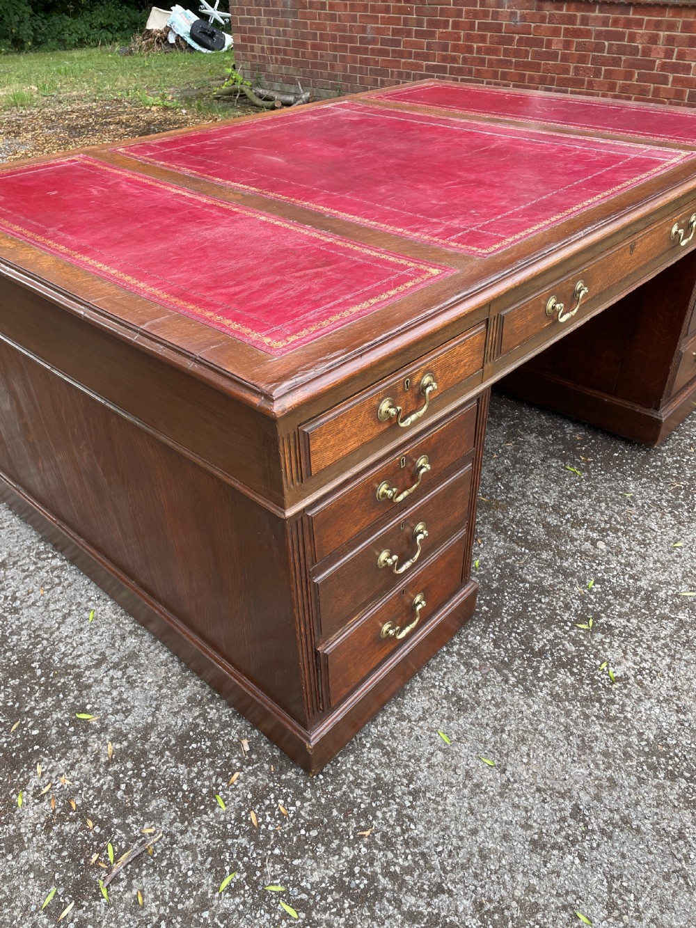 Late C19TH London made oak partners desk with inset red leather top  View VI