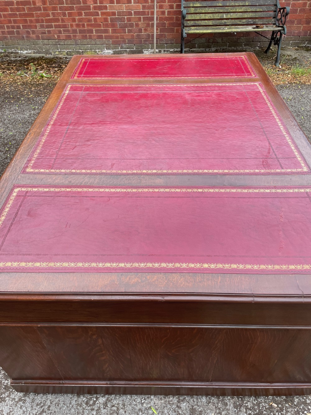 Late C19TH London made oak partners desk with inset red leather top  View X