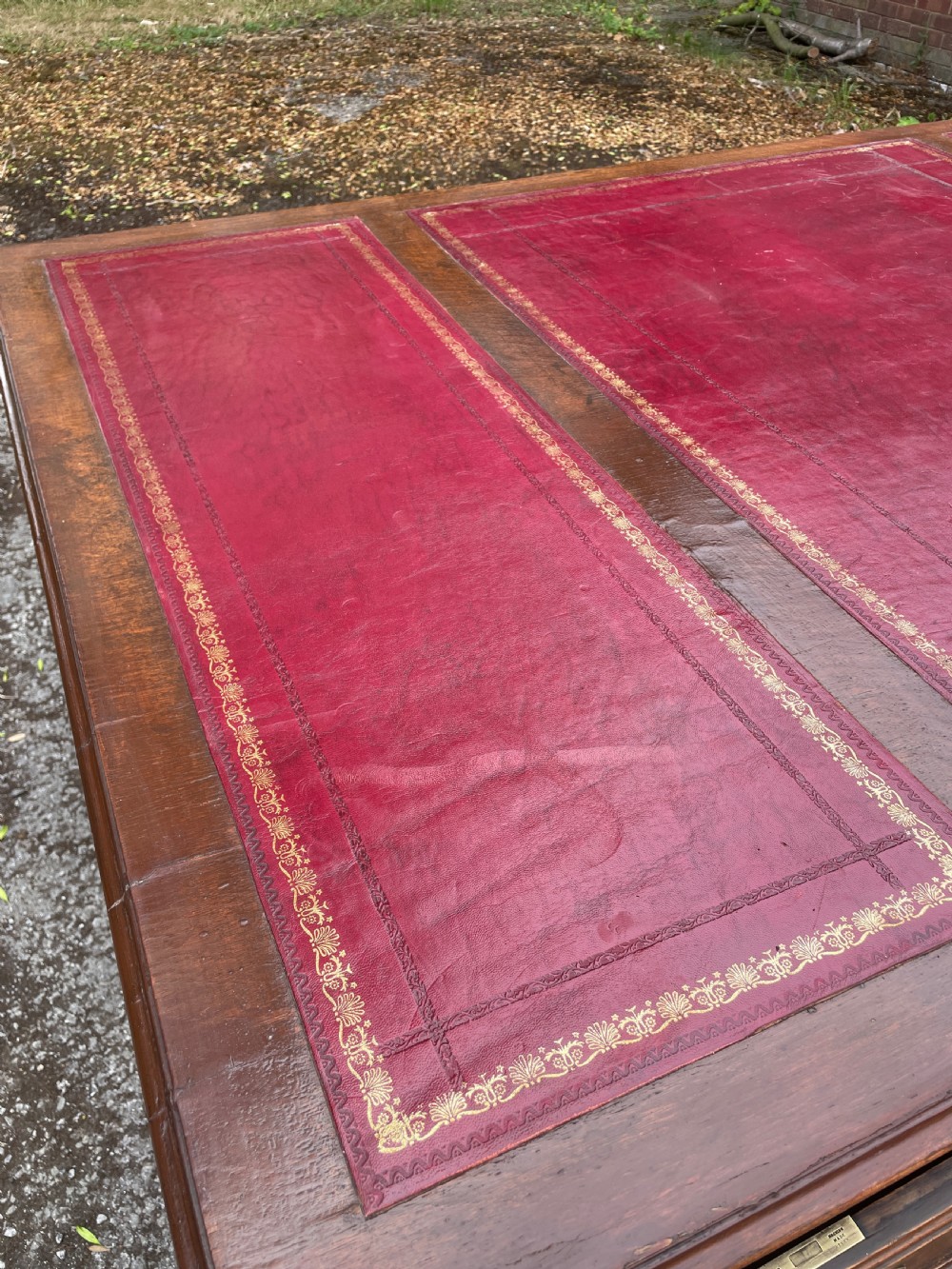 Late C19TH London made oak partners desk with inset red leather top  View XI