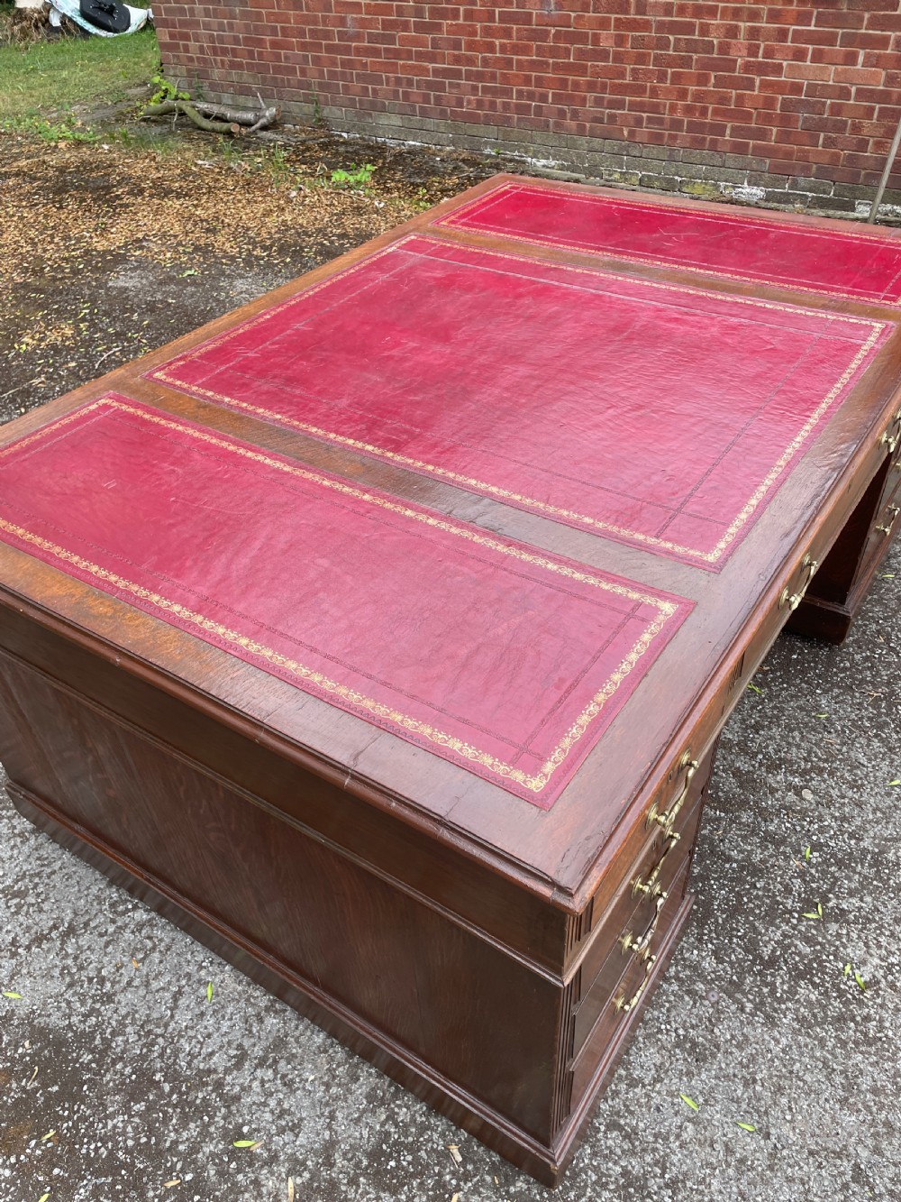 Late C19TH London made oak partners desk with inset red leather top  View XII