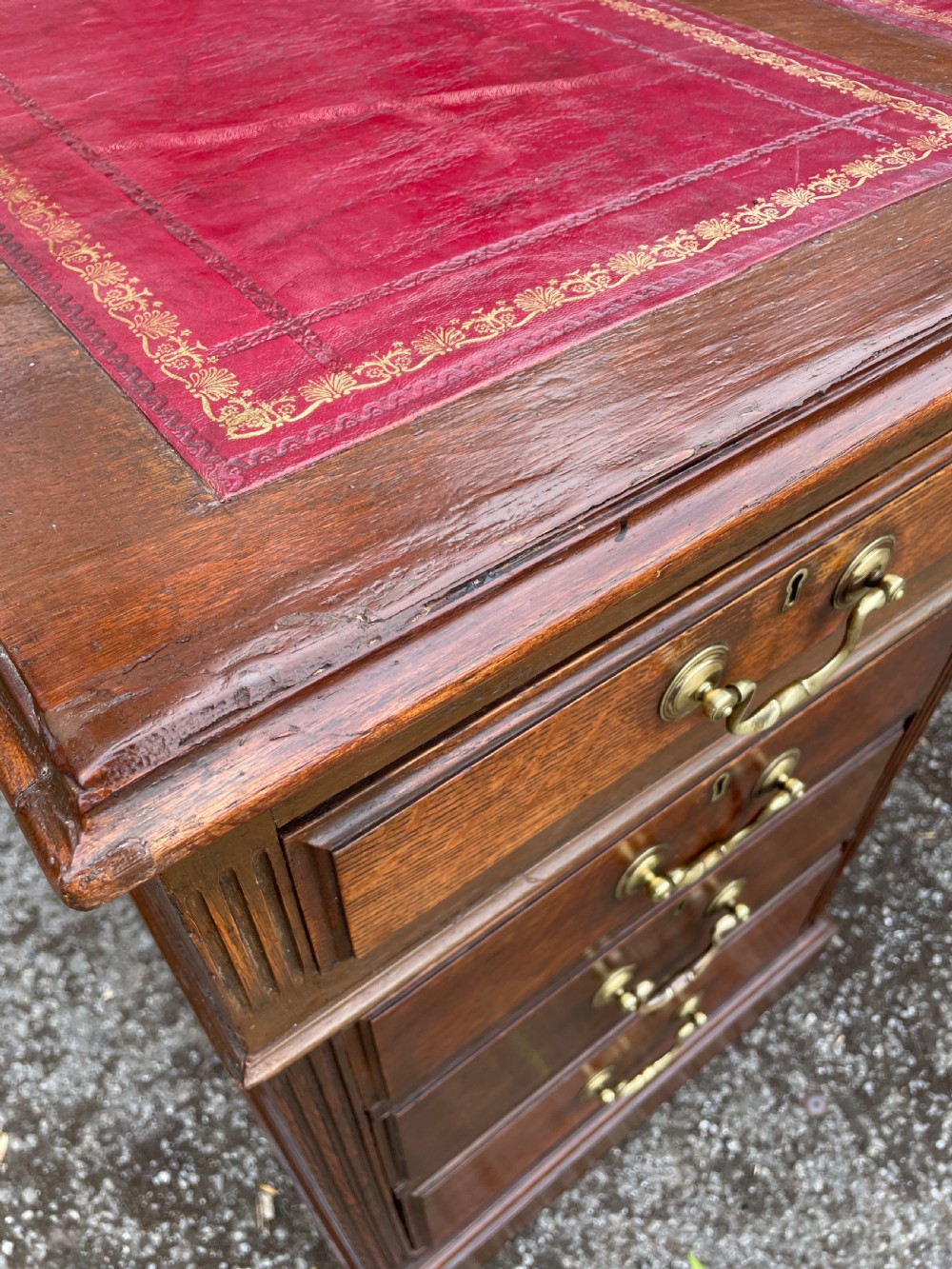 Late C19TH London made oak partners desk with inset red leather top  View XIII
