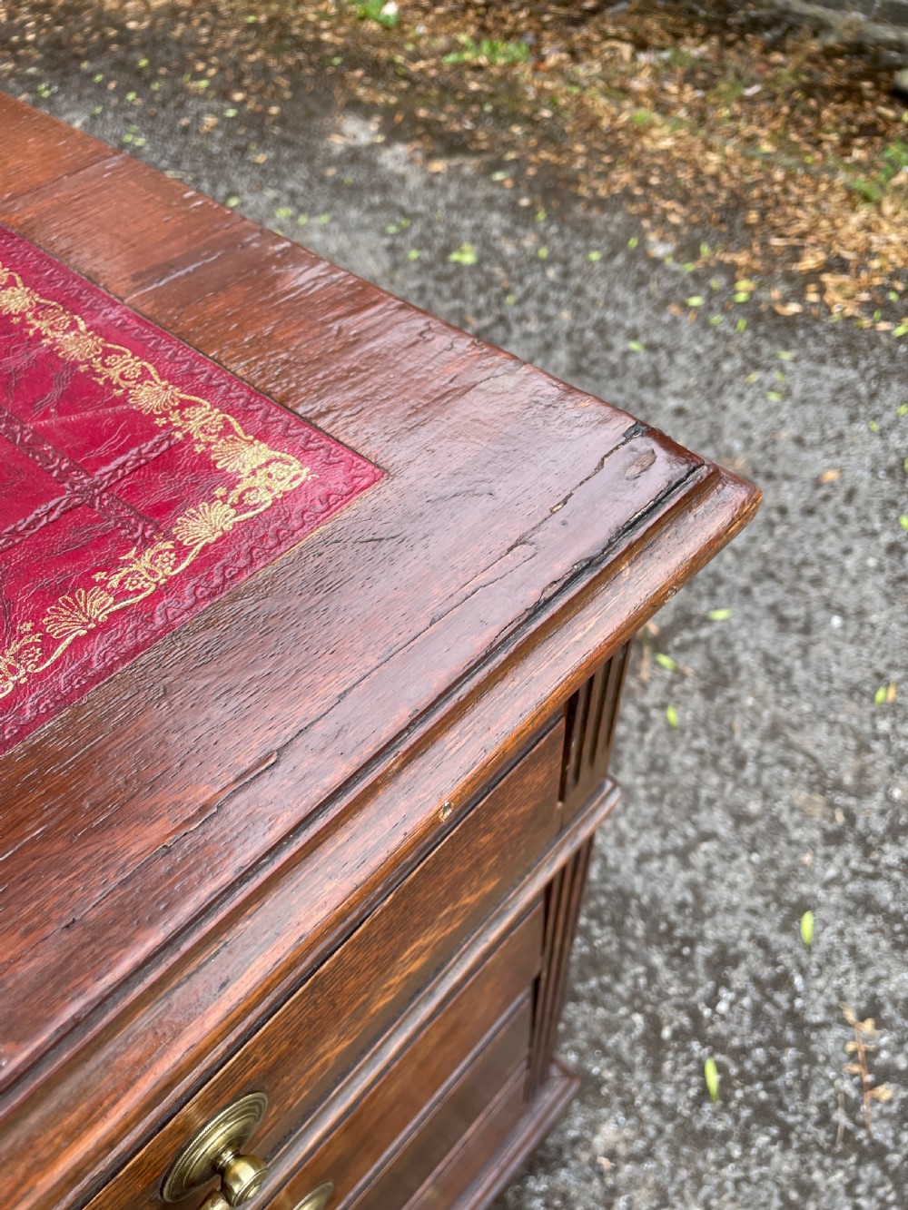 Late C19TH London made oak partners desk with inset red leather top  View XIV